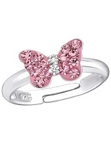 little pink crystal silver butterfly baby ring